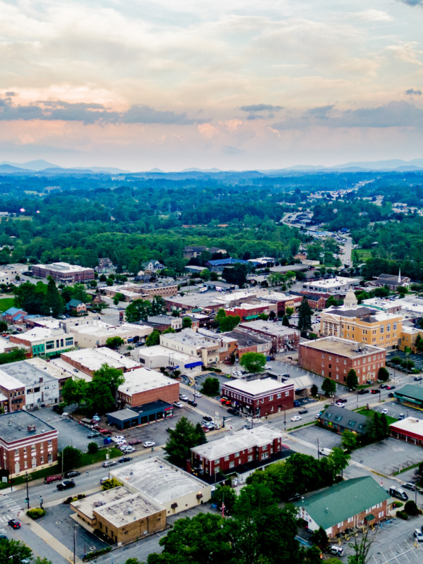 aerial view of downtown hendersonville, north carolina usa at golden hour